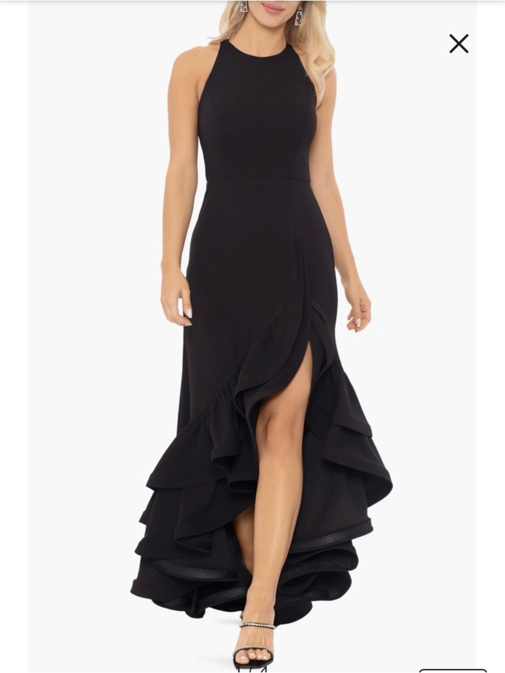 Betsy and Adam Black Ruffle High-Low Halter Dress
